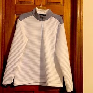 White and gray ribbed half zip pullover. Mens but could be unisex. Size lg